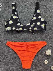 Floral-Print Knotted Color-Block Split Bikini Swimsuit