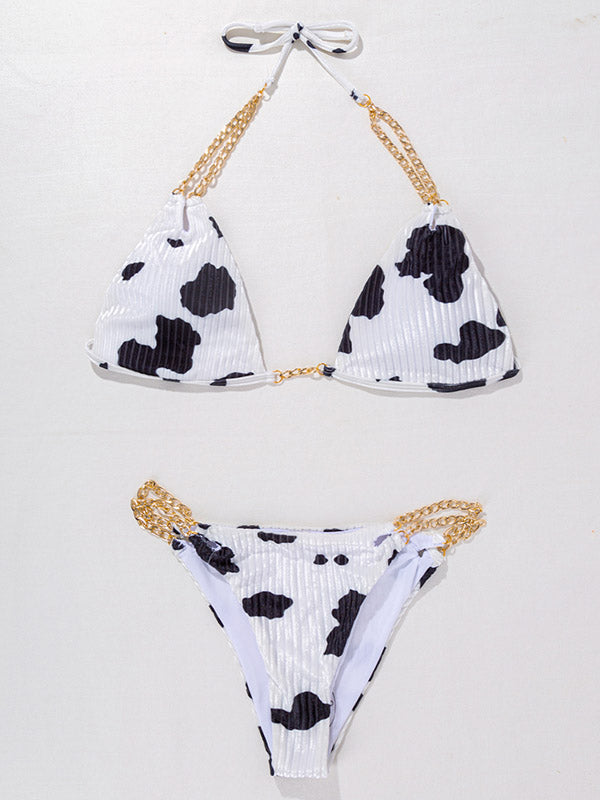 Halterneck Chain Split-Joint Cow Print Triangles Bikini Swimwear