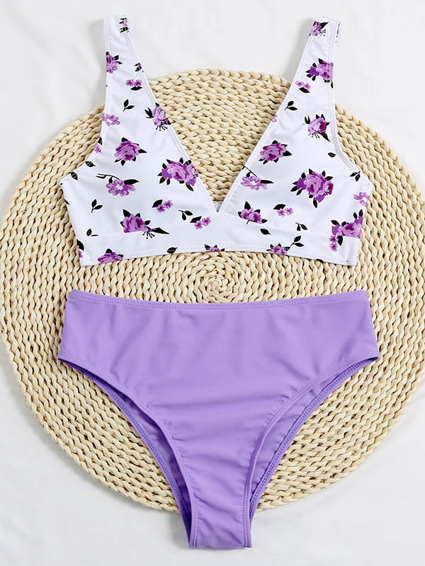 Bikini-Badeanzug mit Blumenmuster, Farbblock, V-Ausschnitt und Schlitz 