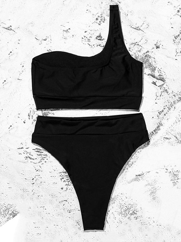 Einfarbiger, asymmetrischer Bikini-Badeanzug mit One-Shoulder-Schnitt und Schlitz 