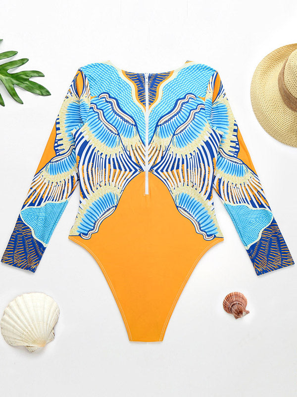 Abstract Printed Round-Neck Long Sleeve One-Piece Wetsuits