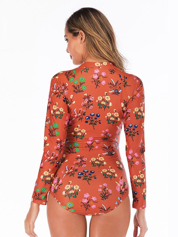 Floral Printed Zipper Collar Wetsuit