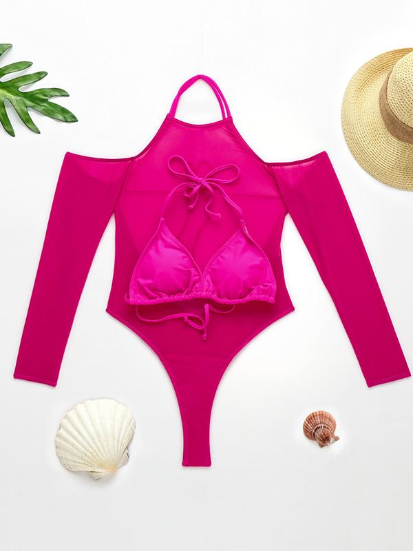 Solid Color See-Through Gauze Wetsuits+Triangles Swim Top