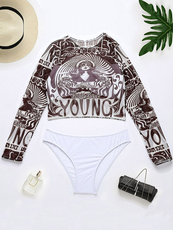 Wetsuit Long Sleeve Floral Print Mesh Split Bikini Swimsuit