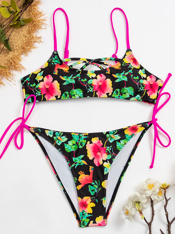 Floral Sexy Spaghetti-Neck Bralette Tie Side Bikini Swimwear