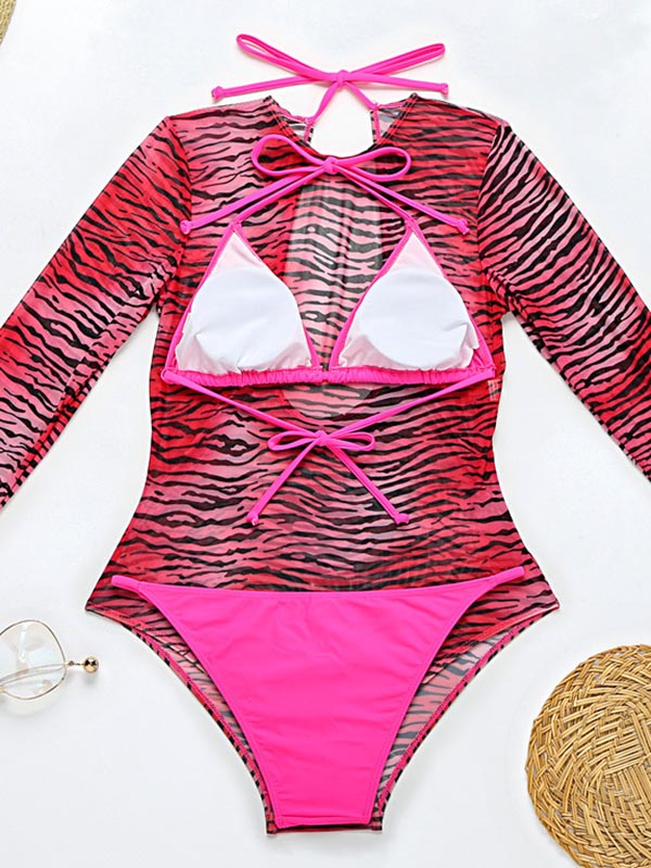 Long Sleeve Zebra Print Mesh Bikini Wetsuit Swimwear