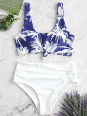 Floral-Print Color-Block U-Neck Split Bikini Swimsuit