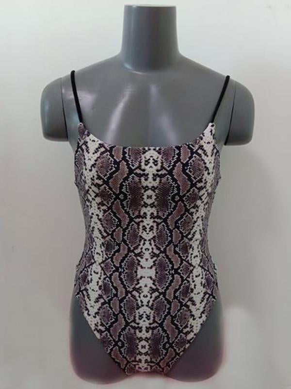 Snake-Print Bandeau Spaghetti-Neck One-Piece Swimwear