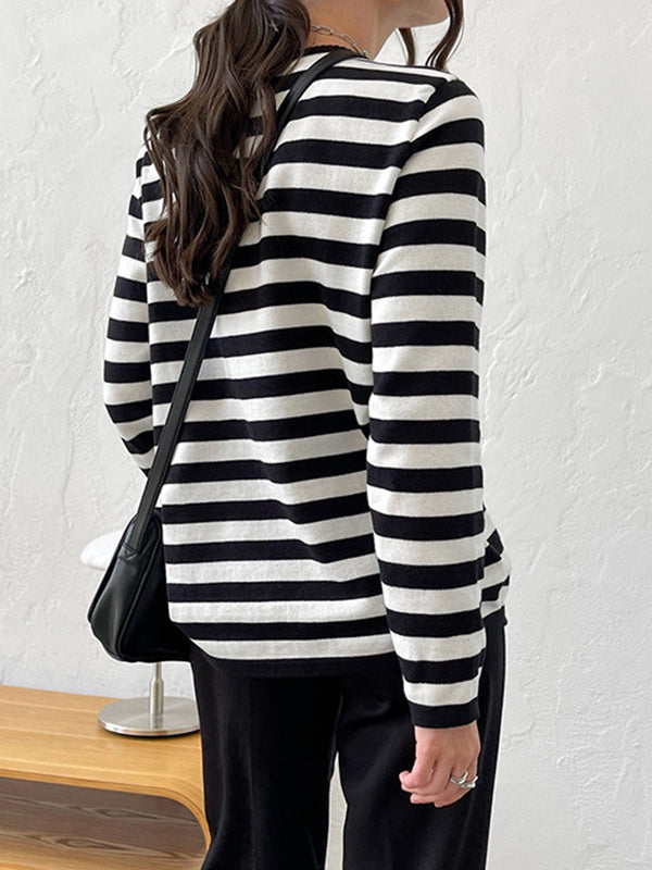 Long Sleeves Loose Split-Joint Striped Round-Neck Sweater Tops