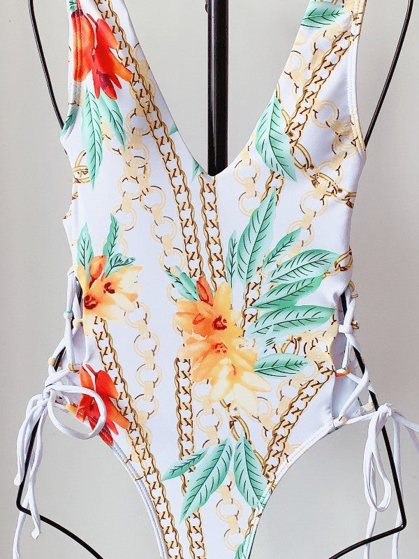 Floral Print Bandage V-Neck One-Piece Swimsuit