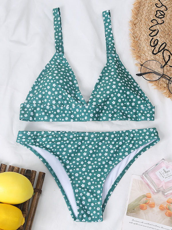 Bikini-Badeanzug mit tiefem V-Ausschnitt und Blumenmuster und Schlitz 