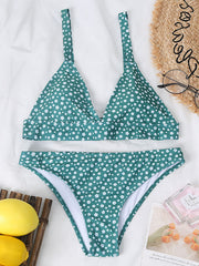 Floral-Print Deep V-Neck Split Bikini Swimsuit