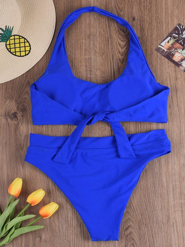 Solid Color Halterneck Bandage Split Bikini Swimsuit