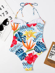 Floral Print Bandeau Knotted Hollow One-Piece Swimwear