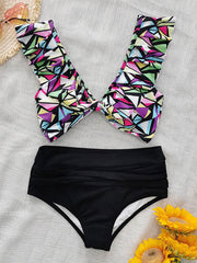 Falbala Floral Printed Split Bikinis Swimsuit