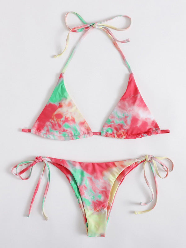 Gradient Printed Triangles Bandage Split Bikini Swimsuit