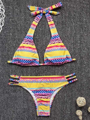 Hawaii Style Halterneck Deep V-Neck Split Bikini Swimsuit