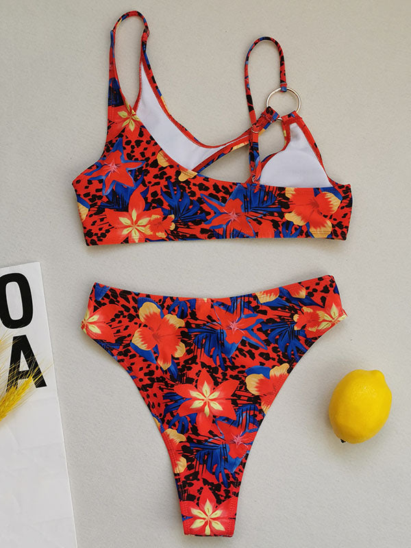 Floral Irregular Hollow High-Waisted Bikini Swimwear