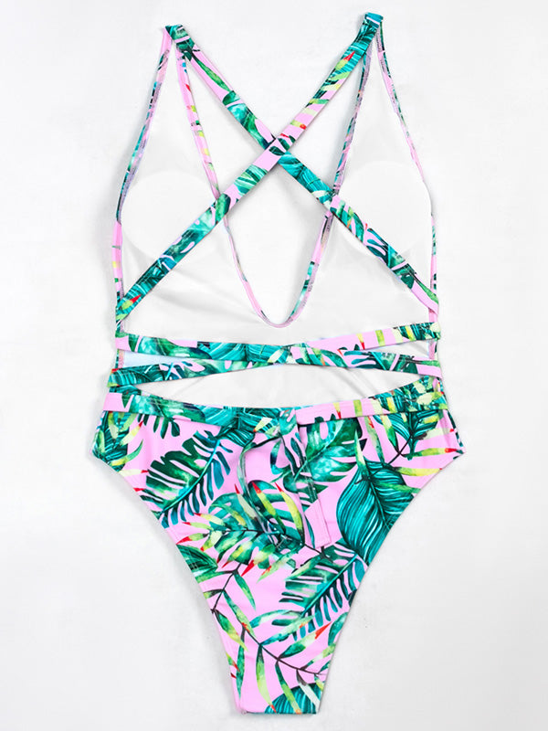 Deep V-Neck Floral Print Bandage One-Piece Swimwear