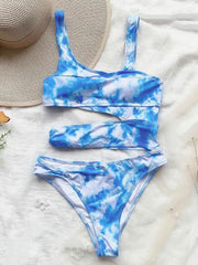 Tie-Dyed Gradient Printed Asymmetric Hollow One-Piece Swimwear