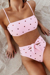 High Waisted Knotted Hearts Printed Bandeau Bikini Swimsuit - Two Piece Set