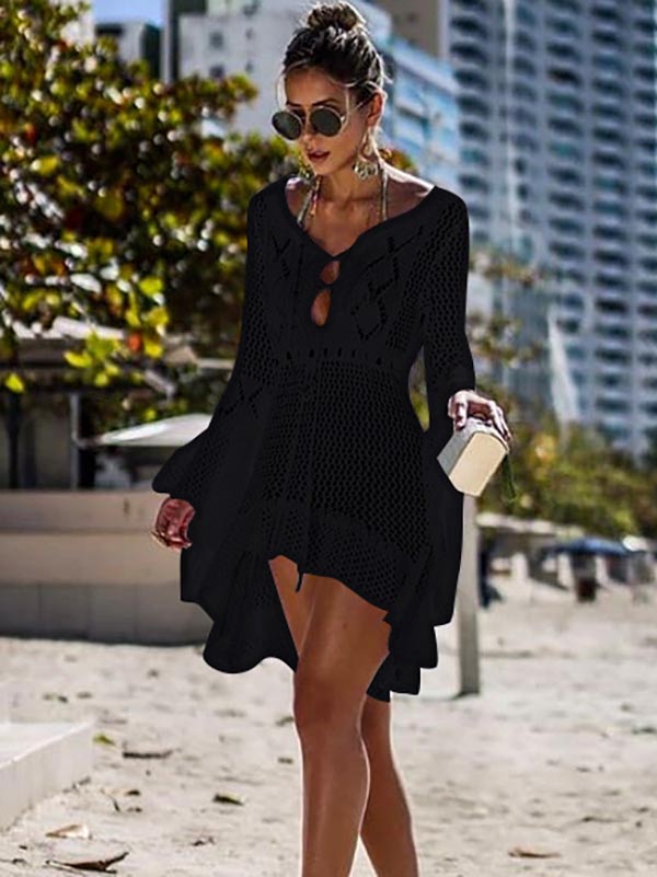 Flared Sleeves Crochet Swimwear Cover-Ups