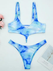 Tie-Dyed Gradient V-Neck Split Bikini Swimsuit