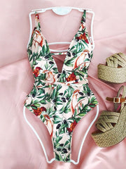 Spaghetti-Neck Floral Belted One-Piece Swimwear