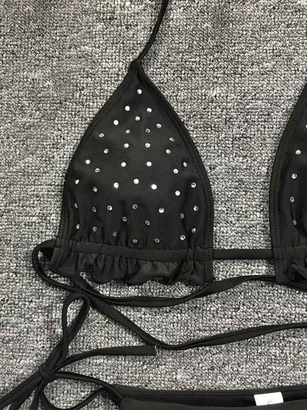 Beaded Decorated Halterneck Padded Triangles Tie Side Bikini Swimwear