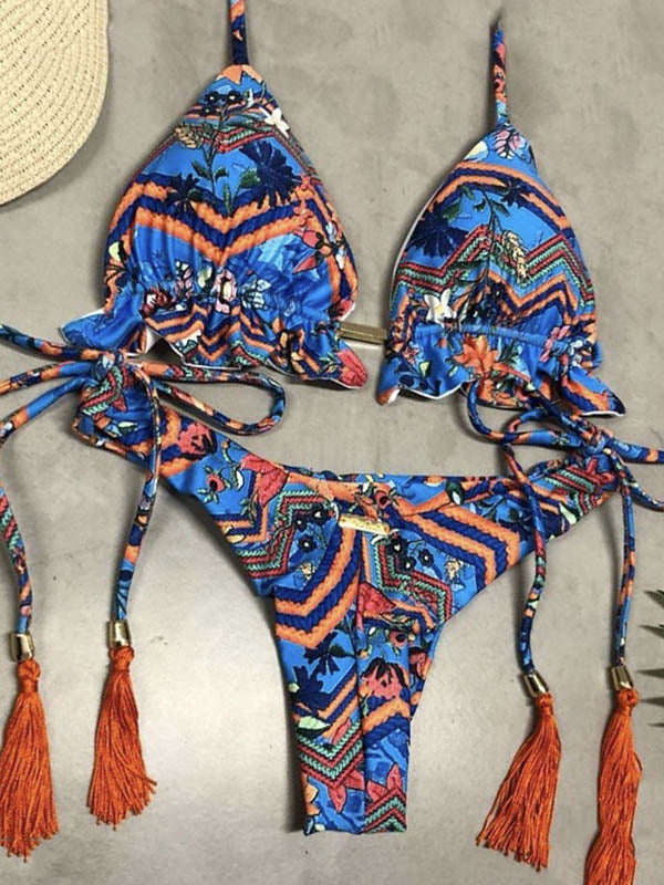 Bikini-Badeanzug mit Blumenmuster, Rüschen, Bandage, Dreiecken und Schlitz 