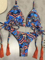 Bikini-Badeanzug mit Blumenmuster, Rüschen, Bandage, Dreiecken und Schlitz 