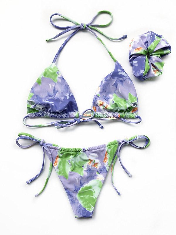 Tie-Dyed Printed Halterneck Split Bikini Swimsuit +Hair Ring