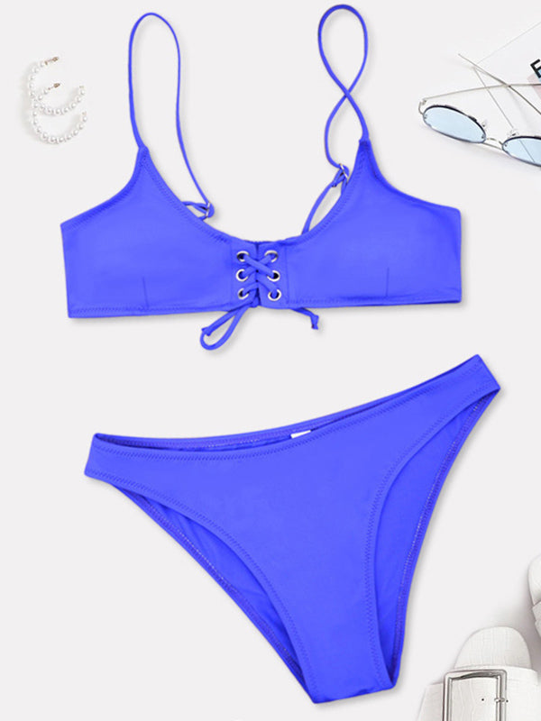 Solid Color Bandage Spaghetti-Neck Split Bikini Swimsuit