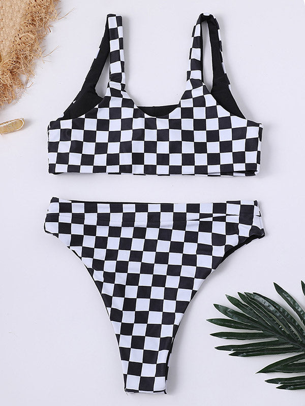 Black And White Grid U-Neck Split Bikini Swimsuit