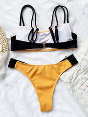 Color-Block Split-Joint Spaghetti-Neck Split Bikini Swimsuit