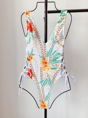 Floral Print Bandage V-Neck One-Piece Swimsuit