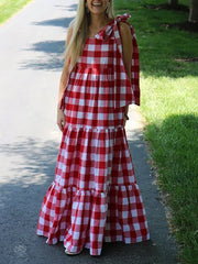 A-Line Loose Plaid Split-Joint Tied Square-Neck Maxi Dresses