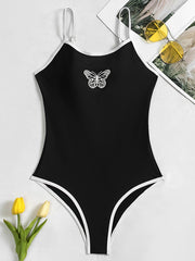 Spaghetti-Neck Solid Color Simple One-Piece Swimwear