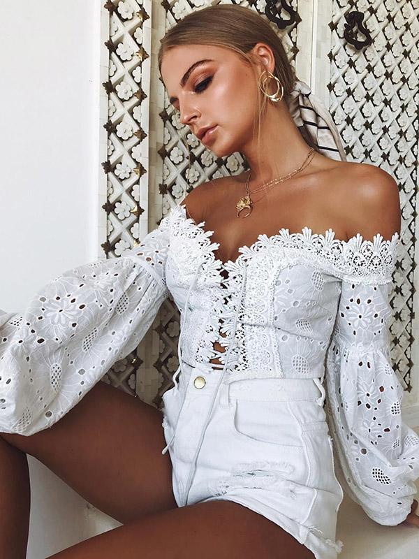 Lace Off Shoulder Puff Sleeves Blouses&shirts Tops