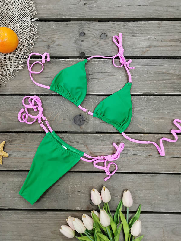 Solid Color Halterneck Triangles Tie Side Bikini Swimwear