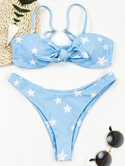 Knotted Embellishedd Bandeau Split Bikini Swimsuit