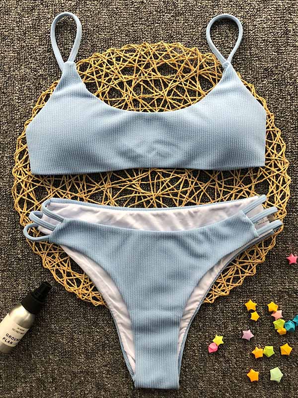 Solid Color Hollow Spaghetti-Neck Split Bikini Swimsuit