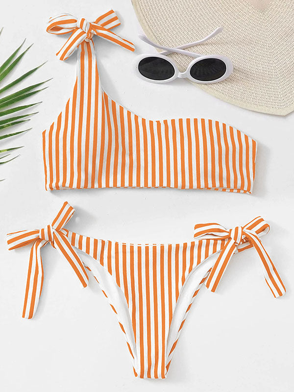 Striped One-Shoulder Knotted Split Bikini Swimsuit