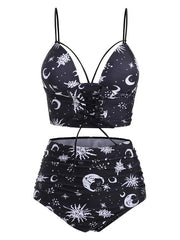 Sexy Strapless Bandage Sun And Moon Printing Split Type Bikini Swimsuit