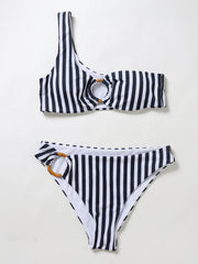 One Shoulder Striped Bikini Swimsuit