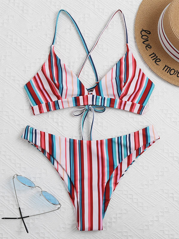 Striped Triangles Backless Bandage Split Bikini Swimsuit