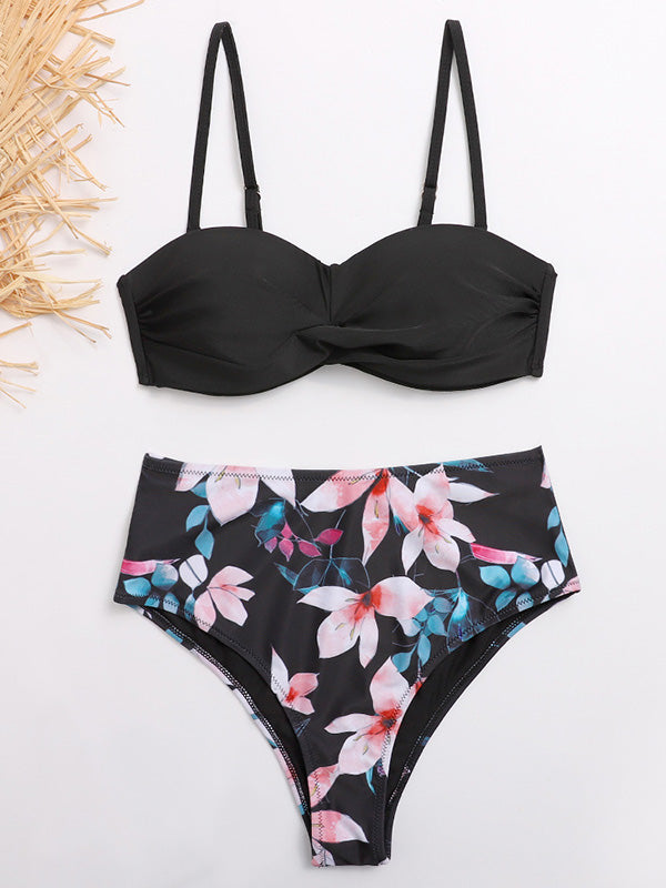 Floral-Print Color-Block Bandeau Split Bikini Swimsuit