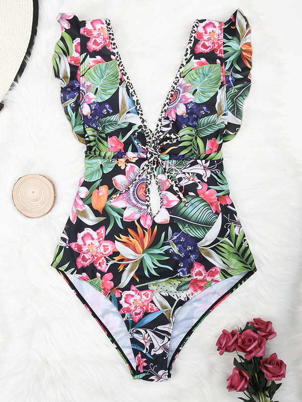 Floral Deep V-Neck Padded Falbala Backless One-Piece Swimwear