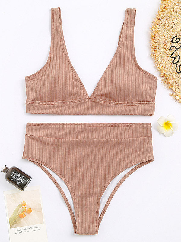 Solid Color Striped Deep V-Neck Split Bikini Swimsuit