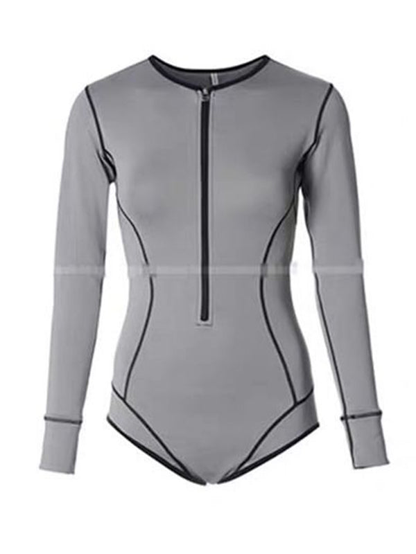 Split-Joint Long Sleeve Front Zipper Solid Color One-Piece Rash Guard Swimwear